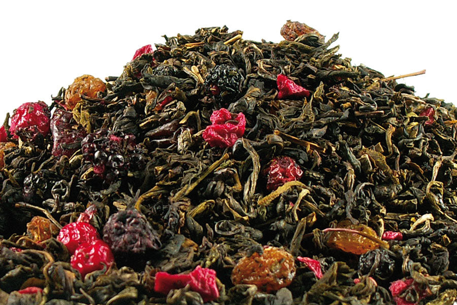 Feuer & Flamme arom. Grün- Schwarzteemisch. Brombeer-Heidelbeere